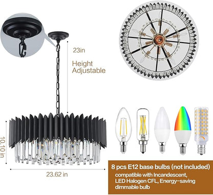 Black Crystal Chandelier 3-Tier Modern Large Crystal Chandelier Semi Flush Mount Chandelier Light Round Ceiling Light Fixture Ceiling Lamp Chandelier for Dining Room Living Room Bedroom