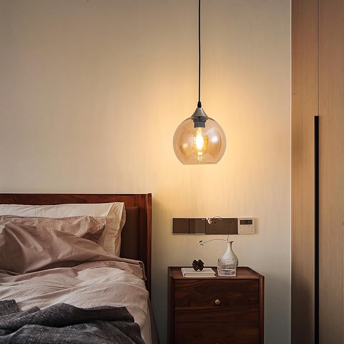 Amber Raindrop Pendant Light Plug in Hanging Lamp with Dimmable Switch Textured Teardrop Glass Shade 16.4 Ft Cable for Living Room Bedroom Bohemian Decor