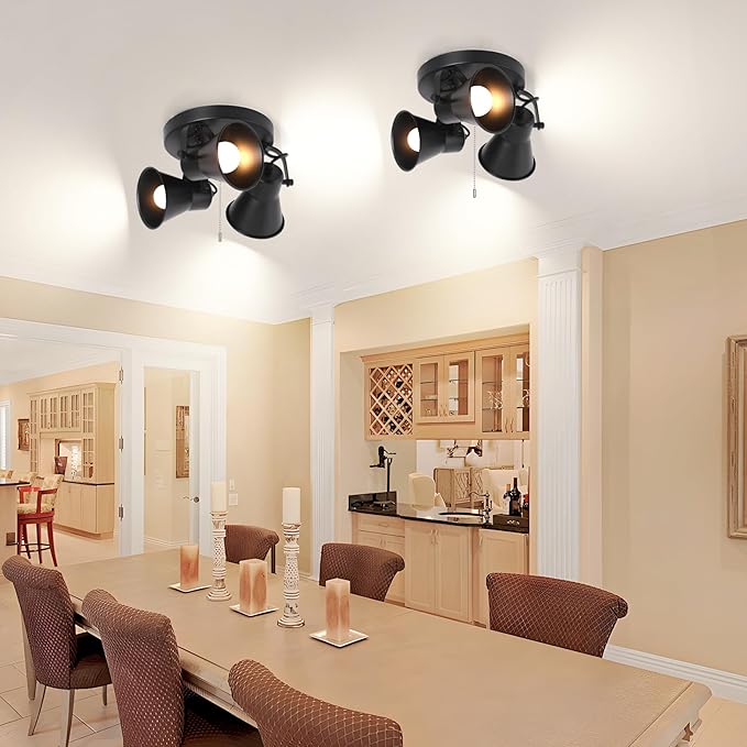 3-Light Industrial Track Lighting with Pull Chain On/Off Switch, Adjustable Round Kitchen Ceiling Light, Morden Black Flush Mount Directional Light for Kitchen, Hallway, Dining Room, Bathroom