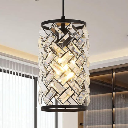 Black Crystal Pendant Lights Kitchen Island, Modern Mini Chandelier, Adjustable Hanging Ceiling Light Fixture for Kitchen Dining Room Bedroom Foyer Bar (1 Pack)