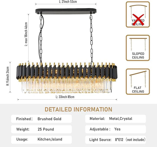 L33 Black and Gold Crystal Chandelier Large 8 Light 3-Tier K9 Crystal Raindrop Chandelier Flush Mount Ceiling Light Fixture for for Dining Room Kitchen Island