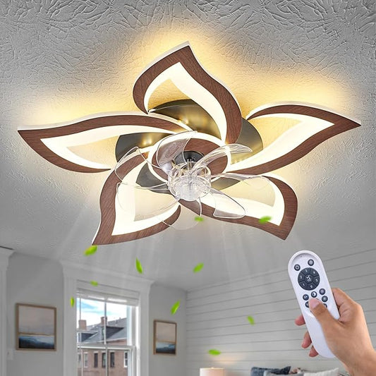 24" Wood Geometric Ceiling Fan with Lights Remote Control, Low Profile Ceiling Fan with Light for Kitchen Bedroom Living Room