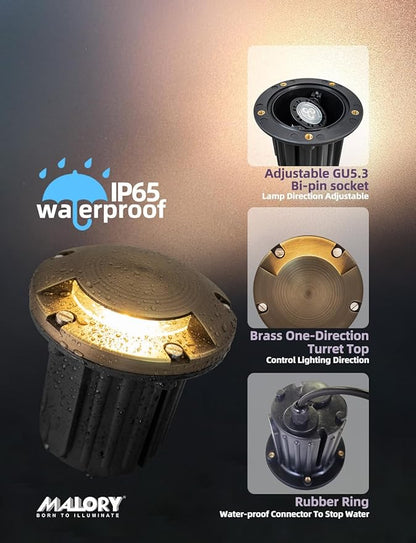 MALORY Brass Top Cover Landscape Well Lights,(5‘’H) 12V Low Voltage Outdoor In Ground Lights,5W Landscape Lighting for Pathway, Driveway and Garden (One-Direction Turret, 10-Pack with Bulb)