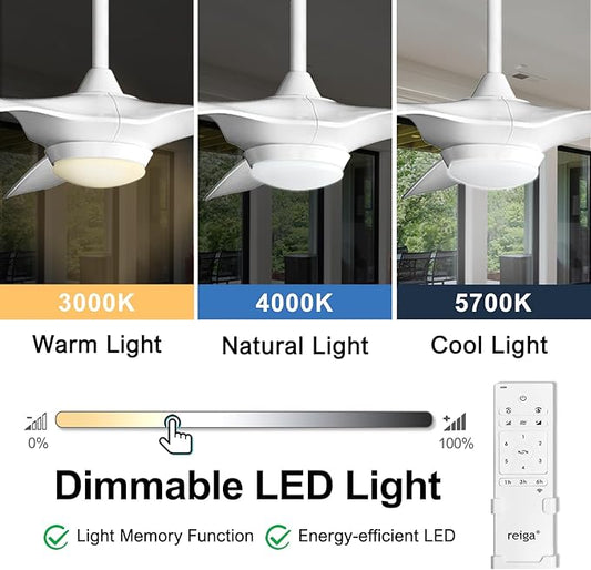 reiga 52 Inch Smart White Ceiling Fan with Light and Remote, ETL Listed Quiet DC Motor 3 Blade Indoor Outdoor Ceiling Fans for Bedroom Living Room Patios