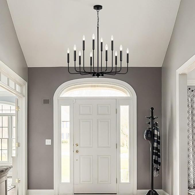 Black Chandeliers for Dining Room Light Fixture Over Table, Modern Farmhouse Chandeliers for Living Room,12-Lights Industrial Metal Candle Lighting Fixtures for Entryway Kitchen Island Foyer