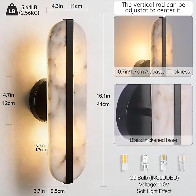 15.7" Natural Alabaster Wall Sconces Marble Wall Sconces Black Bathroom Vanity Wall Light Fixtures Modern Oval Stone Wall Lamp for Bedroom Living Room Hallway Restaurant