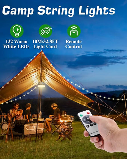 Anpro Camping String Lights 4 in 1: 32.8 Ft String with Warm White 130 LEDs, USB Rechargeable with Remote Control, Adjustable Brightness, 6 Light Modes, Portable IP65 Camping Light for Outdoor