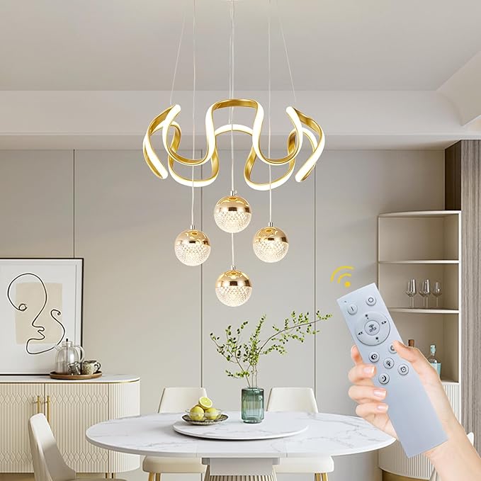 Modern Gold LED Chandeliers, Dimmable LED Pendnat Light Fixture for Kitchen Island Over Table Adjustable Height Modern Chandeliers for Dining Room Kitchen Island Living Room Bedroom