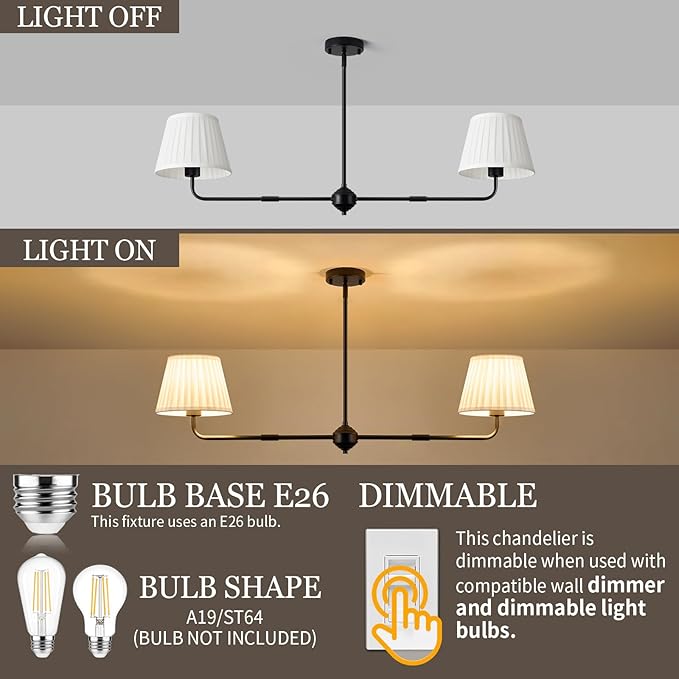 Black Linear Chandelier for Dining Room, 43.3" Modern Pendant Lighting with White Fabric Shade, Double Linear Dining Room Light Fixture Over Table for Kitchen Island Restaurant, E26 Base