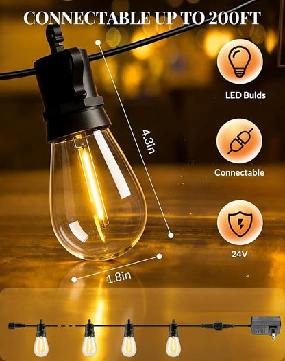 Outdoor String Lights LED Patio-Light - 65Ft Outside Waterproof Dimmable Porch Lights with Remote Shatterproof S14 Bulbs Outside Hanging Light Connectable Lighting for Gazebo Backyard Bistro Pergola
