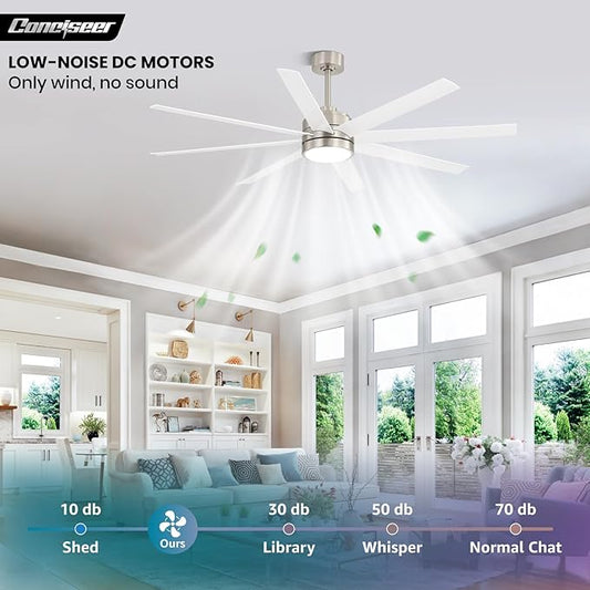 Conciseer 65 Inch Ceiling Fans with Lights and Remote for Bedroom Living Room Kitchen Office, Indoor/Outdoor Use, 6CCT Dimmable, 8 Blades 6 Speed Reversible Quiet DC Motor, Sand-nickel/White