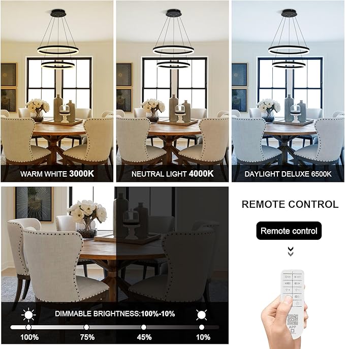 2-Rings Modern LED Chandelier Black for Dining Room, Dimmable Pendant Lighting with Remote Control Circular Flush Mount High Ceiling Light for Bedroom Living Room Foyer, 3000K-6500K
