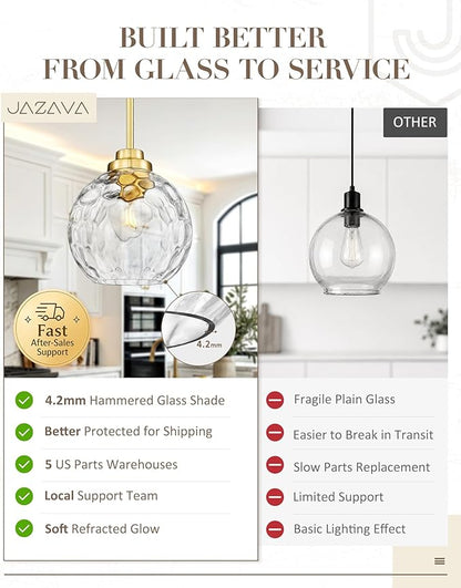 8 Inch Modern Farmhouse Pendant for Kitchen Island, Adjustable Height Hanging Fixture with Hammered Glass,Brushed Gold Finish, Dining Room Entryway - PL101HBG-L