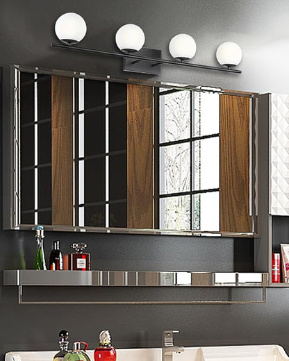New Bathroom Vanity Light Fixtures Matte Black Milk White Globe Glass Shade 4 Lights Modern Wall Bar Sconce Over Mirror(4 lights-35.43inch)