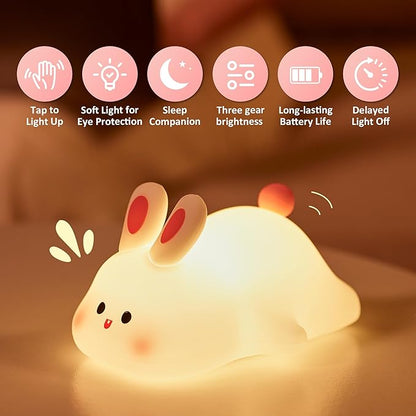 OkiyiD Bunny Lamp,Big Face Rabbit Night Light for Kids, Cute Easter Bunny Gifts, Kawaii Nursery Bedroom Decor, Rechargeable Silicone LED Squishy Night Light