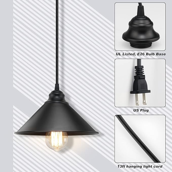 LYOOWNG Plug in Pendant Light, Industrial Hanging Light with Plugin Cord On/Off Switch, Farmhouse Pendant Lights with Plug-in Cord, Vintage PendantLight Fixture, Hanging Lamps