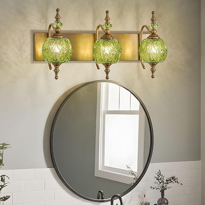 Vintage Green Bathroom Vanity Light Fixtures, Antique 3 Lights Bedhroom Wall Sconce Lighting Brass Finish with Crystal Glass Shade,Victorian Vanity Lighting