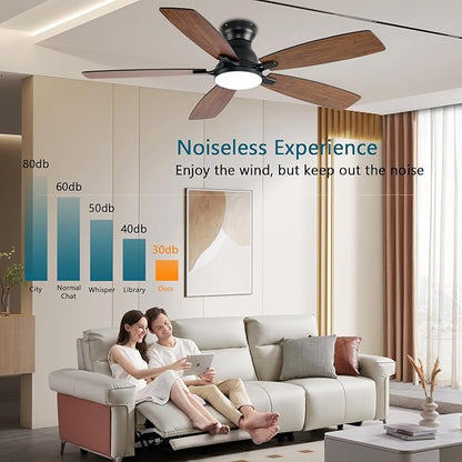 JSAITEE Ceiling Fans with Lights, 52 Inch Low Profile Ceiling Fan with Light and Remote Control, Flush Mount, DC Reversible Motor, Noiseless, Brown 6 Speeds Ceiling Fan for Bedroom