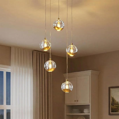 5-Light Modern Gold Glass Globe Chandelier, Hanging Cluster Pendant Light Kitchen Island & Foyer Chandelier, Warm White 3000K, Brushed Gold Pendant Lights Cluster, Ø 11.03 in