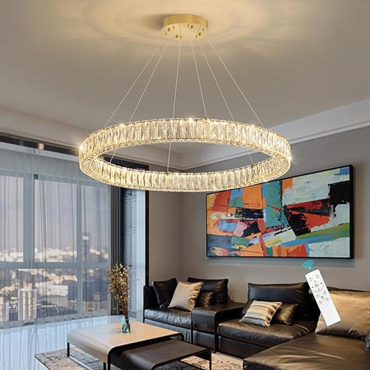 HAIXIANG Modern Crystal Chandelier Dimmable LED Ring Pendant Chandeliers Light Adjustable Glam Hanging Lighting Fixtures for Dining Room Living Room Bedroom Gold Light