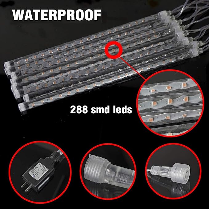 Christmas Meteor Shower Lights Outdoor, 288 LED 12" 8 Tubes Waterproof Christmas Lights Outdoor Plug in, Snow Falling Rain Icicle Xmas Light Decorations, Warm White