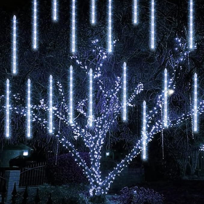 TW SHINE White Christmas Meteor Shower Lights Outdoor, 288LED 12" 8 Tubes Waterproof Christmas Lights Outdoor Plug in, Snow Falling Rain Icicle Xmas Light Decorations, White