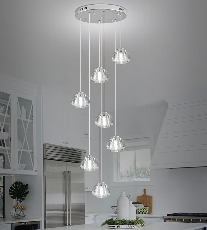 Modern Crystal Foyer Chandelier 7-Lights Raindrop Pendant Light Fixture, Bubble LED Flush Mount Staircase Living Room Light Fixture Chrome