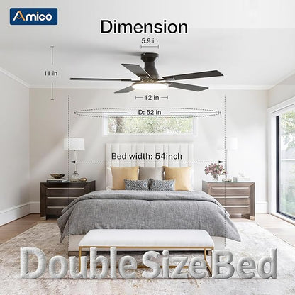 Amico Ceiling Fans with Lights, 52 inch Smart Ceiling Fan with Remote/APP/Alexa Control, Flush Mount, Reversible DC Motor, 5 Blades, 6 Speeds, 3CCT, Dimmable, Noiseless, Bedroom, Living Room, Black