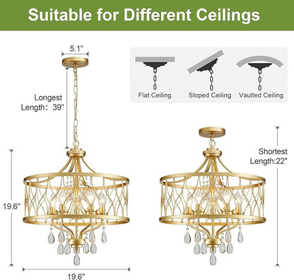 Gold Crystal Chandelier, 5-Light Modern Farmhouse Chandelier for Dining Room Vintage Hanging Pendant Light Fixtures, Gold Round Chandelier for Kitchen Island Entryway Foyer Bedroom Office Bar