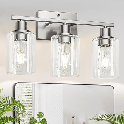 MOKATNG 3-Light Bathroom Light Fixtures, Vanity Light with Clear Glass Shades, Brushed Nickel Bathroom Light Fixtures Over Mirror, Modern Bathroom Wall Lamp for Mirror Living Room Cabinet Bedroom