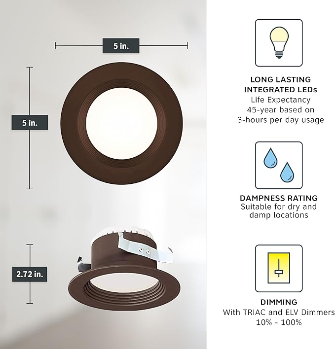 Designers Fountain LED Recessed Ceiling Light, 4 Inch Metal Lighting Fixture, Dimmable, 610 Lumens, 3000K, Bronze Baffle Trim, EVL4733CBZ30