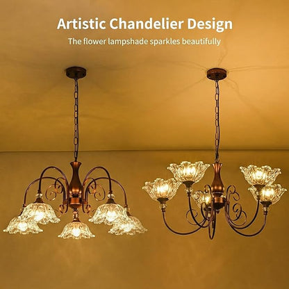 5-Light Vintage Chandeliers in Antique Red Bronze Finish with Crystal Glass Shades, Retro Chandelier Light for Dining Room, Hallway, Kitchen