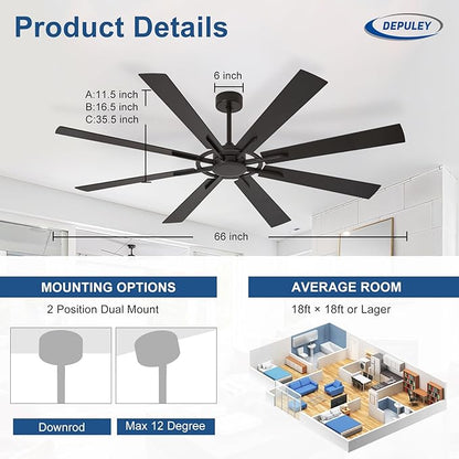Ceiling Fan Without Light: 66 Inch Big Indoor Outdoor Fan with Remote APP Control - Black Wood Grain Large Ceiling Fan no Light 8 Blade Reversible Quiet DC Motor Memory Function Timer