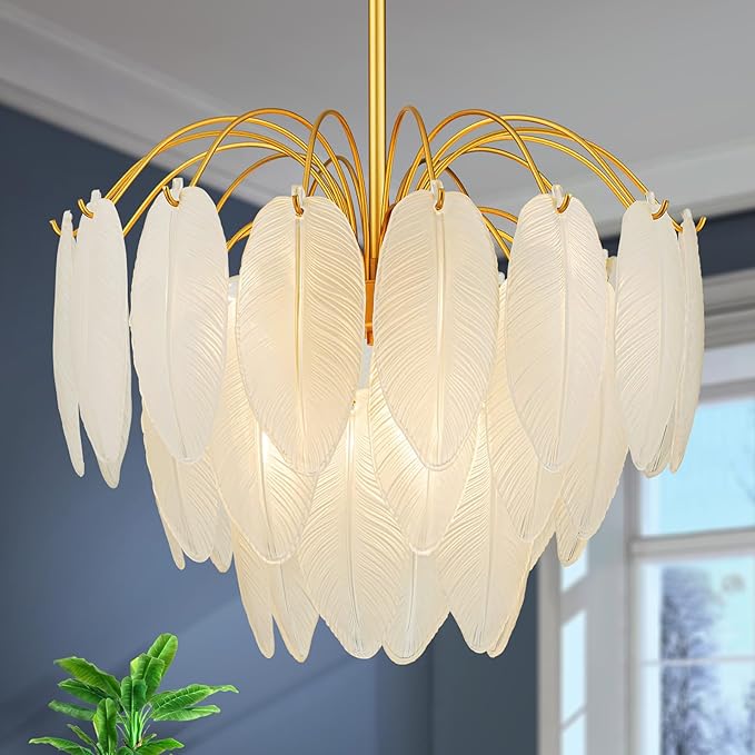 LumFurn 6-Light Gold Chandeliers, Modern 3-Tier Pendant Light Fixture for Dining Room, Living Room, Adjustable Height 19~51", Frosted Feather-Shaped Glass Shade & Brass Finish Frame