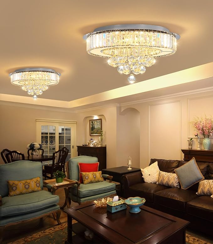 19.6" Silver Modern Crystal Chandeliers for Dining Room LED Dimmable Light Fixtures Flush Mount Light Living Room Bedrooms