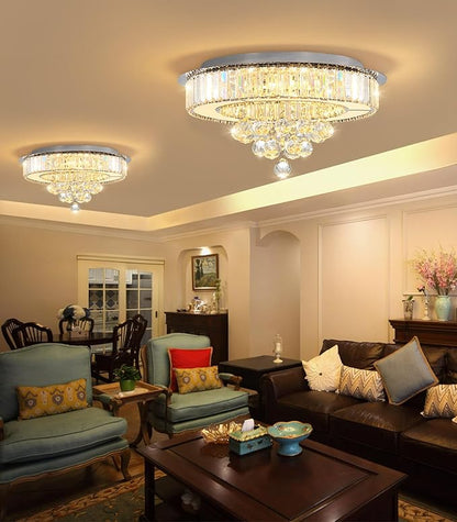 19.6" Silver Modern Crystal Chandeliers for Dining Room LED Dimmable Light Fixtures Flush Mount Light Living Room Bedrooms
