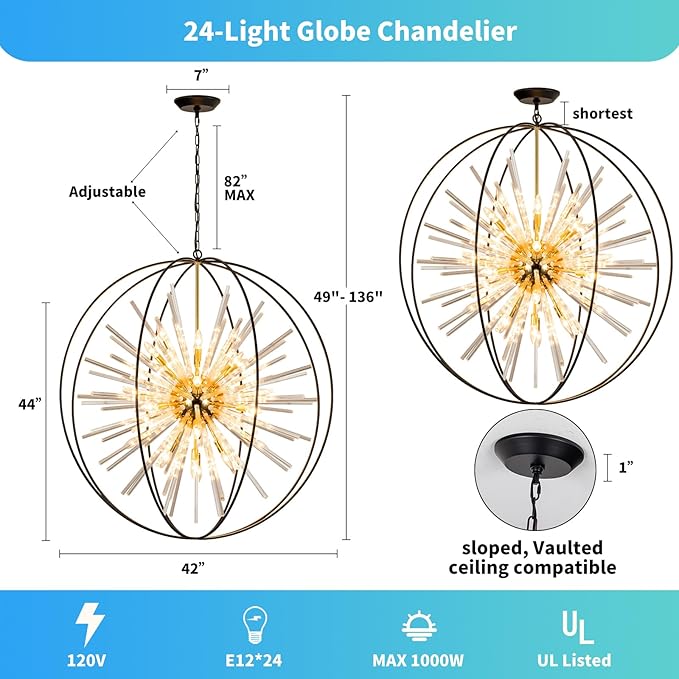 Vezzio D42 Extra Large Black and Gold Chandeliers for High Ceiling 24-Light Big Modern Globe Crystal Chandeliers for Entryway Foyer Stairway Kitchen Dining Living Room