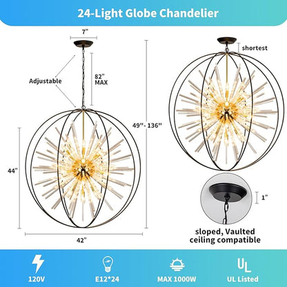 Vezzio D42 Extra Large Black and Gold Chandeliers for High Ceiling 24-Light Big Modern Globe Crystal Chandeliers for Entryway Foyer Stairway Kitchen Dining Living Room