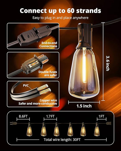 VIPAR Outdoor String Lights 30FT LED Patio Lights Waterproof with 13+1 Shatterproof ST38 Edison Bulbs, Connectable Outside Hanging Light for Porch, Garden, Backyard, Deck, Balcony, Decor, 2700K