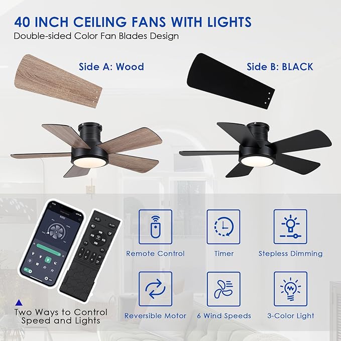 Hounberi 40 Inch Flush Mount Ceiling Fan with Lights and Remote, Modern Quiet DC Motor Low Profile Ceiling Fan for Low Ceilings, 5 Reversible Blades, 6 Speeds Dimmable, Indoor Outdoor Bedroom, Black