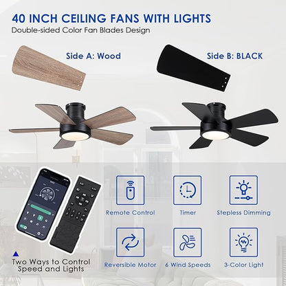 Hounberi 40 Inch Flush Mount Ceiling Fan with Lights and Remote, Modern Quiet DC Motor Low Profile Ceiling Fan for Low Ceilings, 5 Reversible Blades, 6 Speeds Dimmable, Indoor Outdoor Bedroom, Black