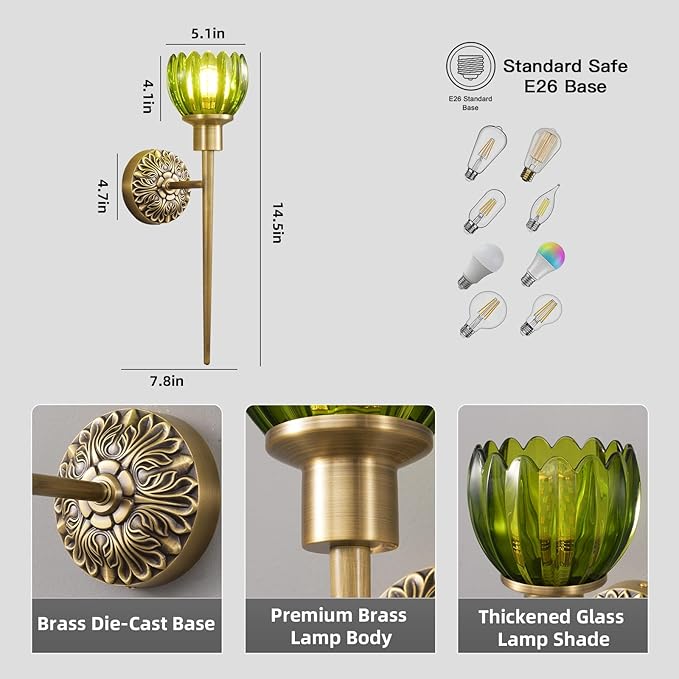 Brass Indoor Hardwired Wall Sconces - Linear Modern Design, Glass Shade E26 Base, Set of 2 for Living Room, Hallway & Vanity