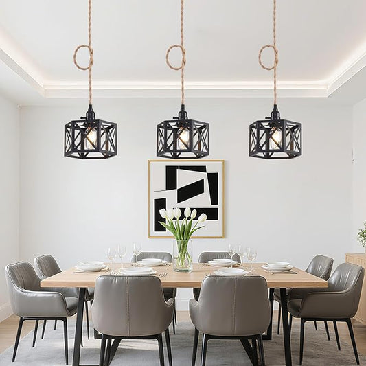 3 Light Plug in Pendant Light Rattan Hanging Lights with Switch 22FT Industrial Ceiling Light,Plug in Cord with Woven Hemp Rope Lamp Shade, Hanging Lamp Cord Farmhouse Cable DIY