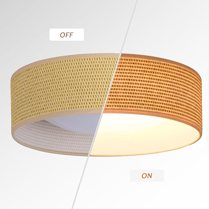 CALOKES 13" Woven Rattan-Style Boho Flush Mount Ceiling Light, LED 24W 3000K Closed to Ceiling Light Fixture with Classic Linen Drum Design for Bedrooms, Kitchen, Dining Room, Hallway