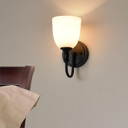 Vintage Traditional Black 1-Light Indoor Wall Sconce with Frosted Glass Bathroom Bedroom Hallway, 10.6" H x 5.3" W, Matte Black