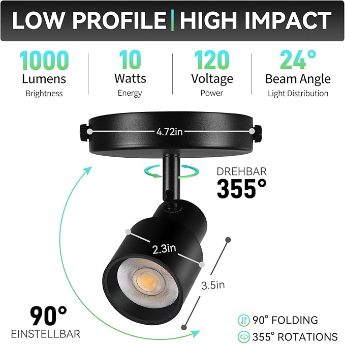 LED Spot Lights Indoor Dimmable 5-Color Ceiling Spotlight Flexible Adjustable Directional Ceiling Spot Lights Indoor 10W Black Flush Mount Spot Light Fixture for Living Room 900lm CRI90+24°