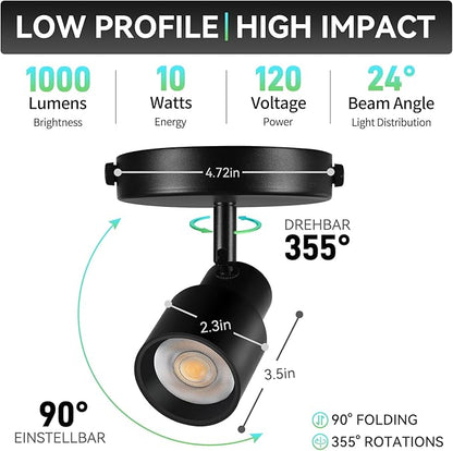 LED Spot Lights Indoor Dimmable 5-Color Ceiling Spotlight Flexible Adjustable Directional Ceiling Spot Lights Indoor 10W Black Flush Mount Spot Light Fixture for Living Room 900lm CRI90+24°