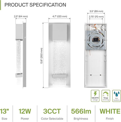 ASD LED 13" Bubble Glass Wall Light Fixture, Outdoor & Indoor Seeded Sconce | 3CCT, Waterproof, Dimmable, ETL Listed | 12W 500LM 3000-5000K 120V | Exterior Lantern, Porch Lighting | White, 2 Pack