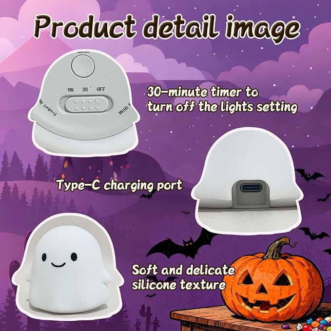Ghost Night Light Color Changing, Cute Cloud Decor with Colors & 50Hrs, Tap Control Light Up Ghost for Kids, Rechargeable Halloween Gifts, [Mothers Day Gifts]