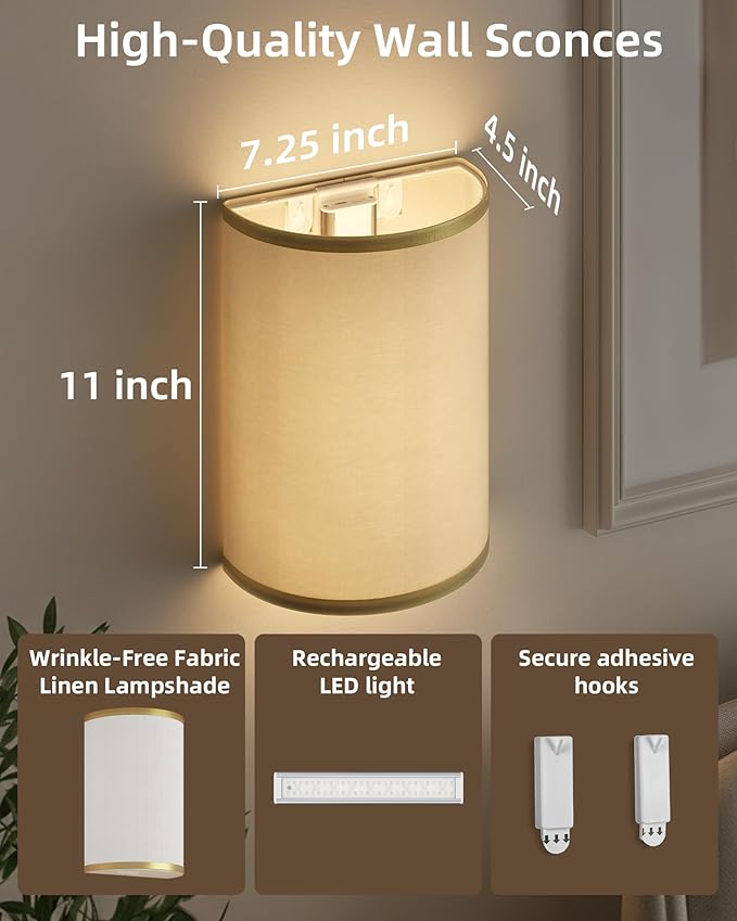 EZVALO Battery Operated Wall Sconce, Wireless Wall Sconces Set of Two with Remote, 3 Color & 80 RGB Rechargeable Wall Lights, Dimmable, Timer, Fabric Linen Shade Wall Decor for Bedroom (White)